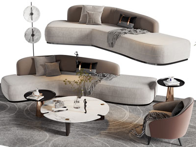 现代弧形布艺多人沙发 休闲椅子和茶几组合