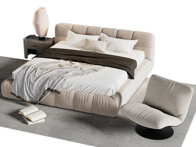 现代奶油风双人床 床头柜 休闲椅子