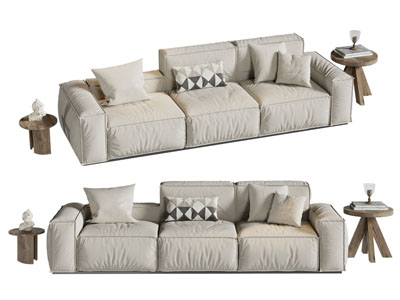 侘寂风布艺多人沙发 边几