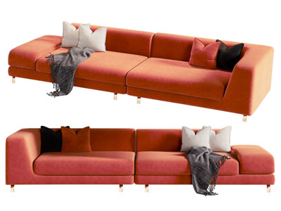现代橙色多人沙发