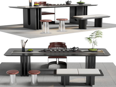 新中式长方形茶桌椅组合