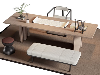 新中式书桌椅组合3d模型 新中式书桌椅组合