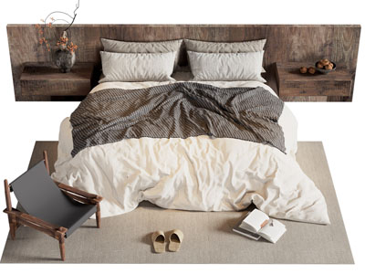 侘寂风实木双人床 床头柜