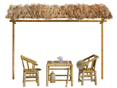 新中式民宿茅草亭子 休闲竹编桌椅组合