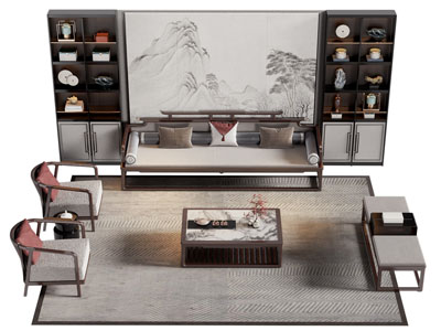 新中式多人 单人沙发 背景墙和茶几组合