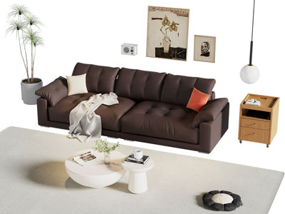 现代布艺双人沙发 边几和茶几组合