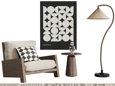 侘寂风单人沙发 装饰挂画 落地灯