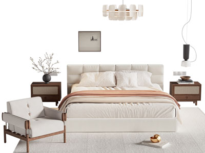 侘寂风双人床 床头柜 单人沙发