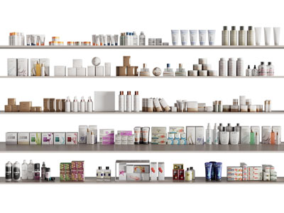 现代隔板上的护肤化妆品 摆件组合