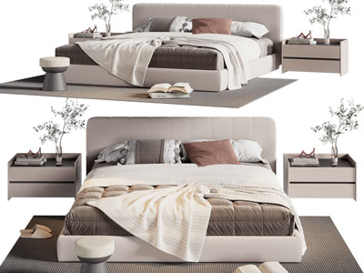 现代布艺双人床 床头柜