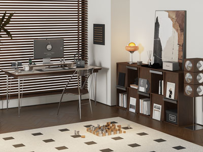 现代中古风书桌椅组合 边柜书柜3d模型 现代中古风书桌椅组合 边柜书柜