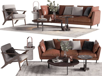 现代皮质多人沙发 休闲椅子和茶几组合