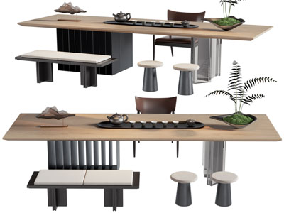 新中式长方形茶桌椅组合