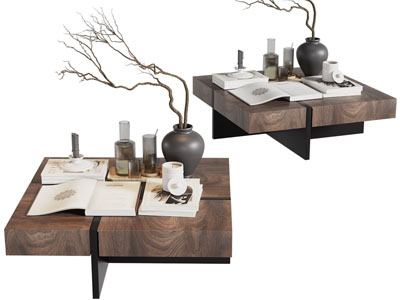 侘寂风方形实木茶几 摆件组合3d模型 侘寂风方形实木茶几 摆件组合