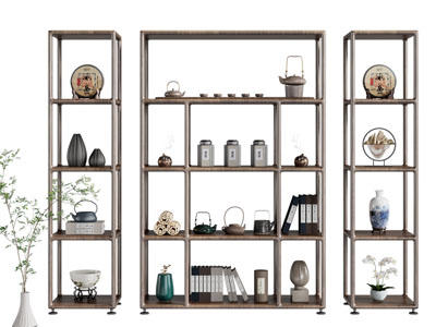 新中式茶饼 茶具杯子 盆栽博古架 装饰柜