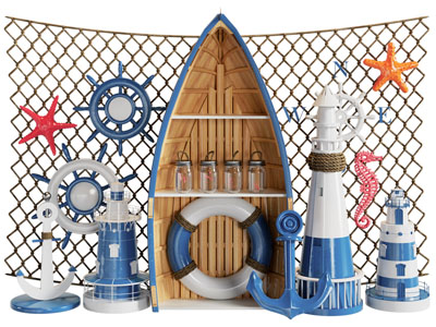 地中海轮船 船舵 海星美陈 摆件组合