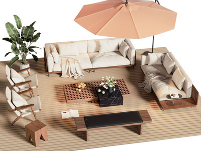 现代庭院遮阳伞 双人沙发 休闲椅子和茶几组合