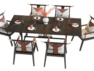 新中式实木长方形餐桌椅组合
