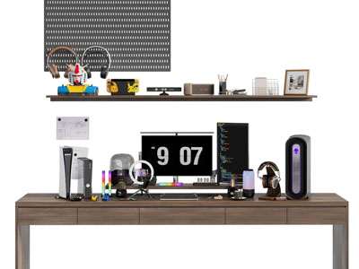 现代书桌 电脑 音响 主机 台灯摆件组合3d模型 现代书桌 电脑 音响 主机 台灯摆件组合