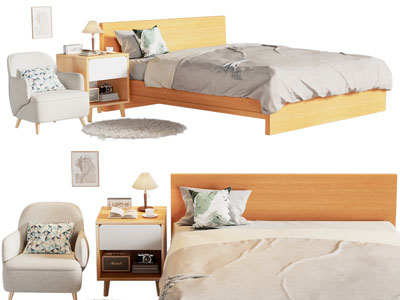 北欧实木双人床 床头柜 休闲椅子