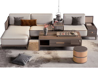 新中式转角多人沙发 茶几组合