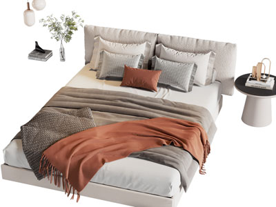 现代布艺双人床 床头几