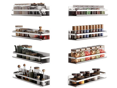 现代收纳架上的调味瓶 厨具组合