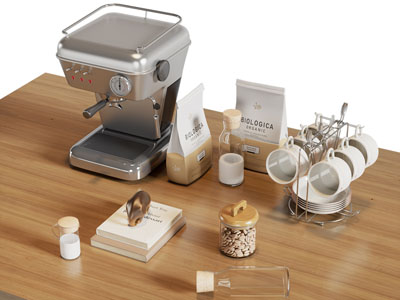 现代咖啡机 咖啡杯 袋装咖啡豆摆件组合