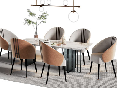 现代长方形大理石餐桌椅组合