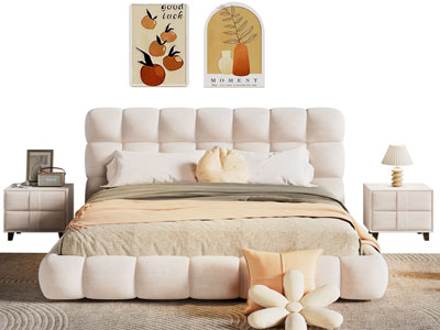 现代奶油风双人床 床头柜