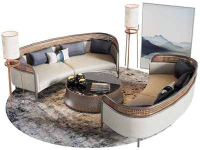 侘寂风弧形多人沙发 茶几组合