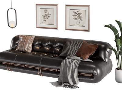 法式皮质多人沙发 装饰挂画