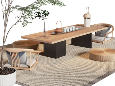 日式实木长方形茶几 座椅 茶具杯子3d模型 日式实木长方形茶几 座椅 茶具杯子