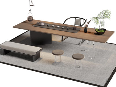 新中式长方形实木茶桌椅组合