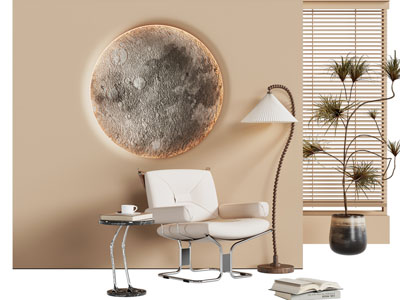 现代休闲椅子 落地灯 月球灯背景墙