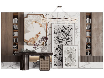 新中式背景墙 书桌3d模型 新中式背景墙 书桌