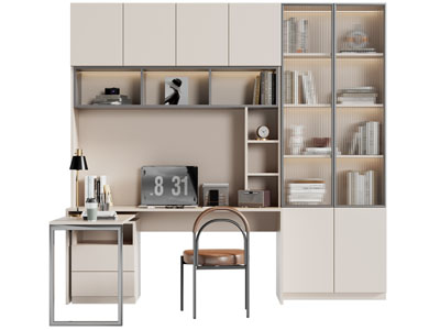 现代带书柜的书桌椅组合3d模型 现代带书柜的书桌椅组合