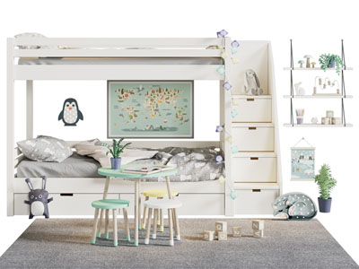 现代实木上下床 儿童桌椅组合