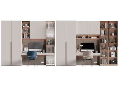 现代带书柜的书桌椅组合3d模型 现代带书柜的书桌椅组合