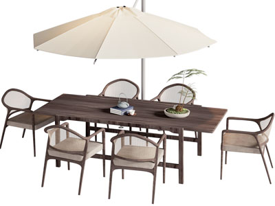 新中式户外遮阳伞 实木长方形餐桌椅组合