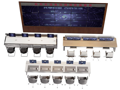 现代监控室 智慧中心显示屏 办公桌椅组合