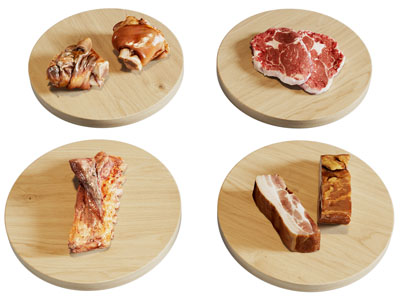 现代木盘猪蹄 牛排 腊肉 水果食物