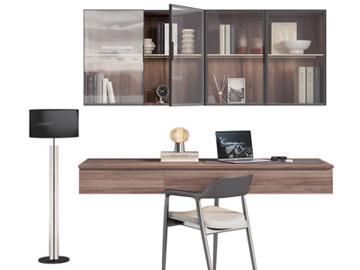 现代实木书桌椅组合 吊柜3d模型 现代实木书桌椅组合 吊柜