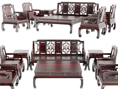 新中式红木雕花多人 单人沙发和茶几组合