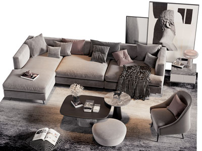 现代布艺转角多人沙发 休闲椅子和茶几组合