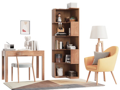 现代实木书桌椅组合 角柜 休闲椅子3d模型 现代实木书桌椅组合 角柜 休闲椅子
