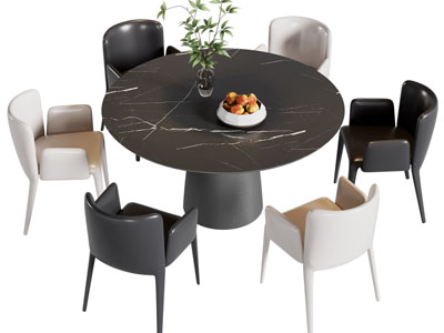 现代黑色大理石圆形餐桌椅组合