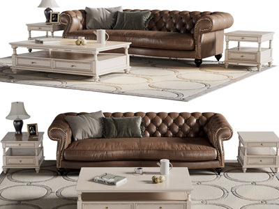 美式皮质多人沙发 边几和茶几组合