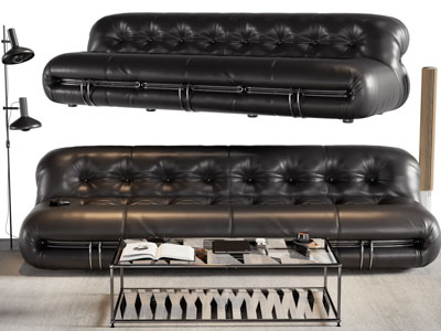 法式皮质多人沙发 落地灯和茶几组合