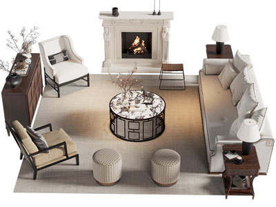 新中式中古风多人沙发 休闲椅子 边柜和茶几组合